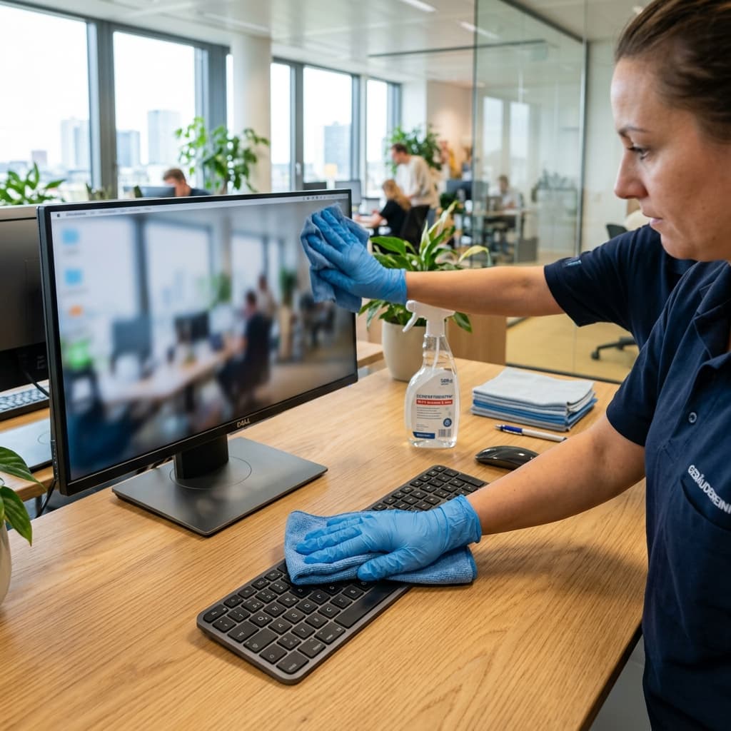 Schreibtischreinigung und Desinfektion im Büro