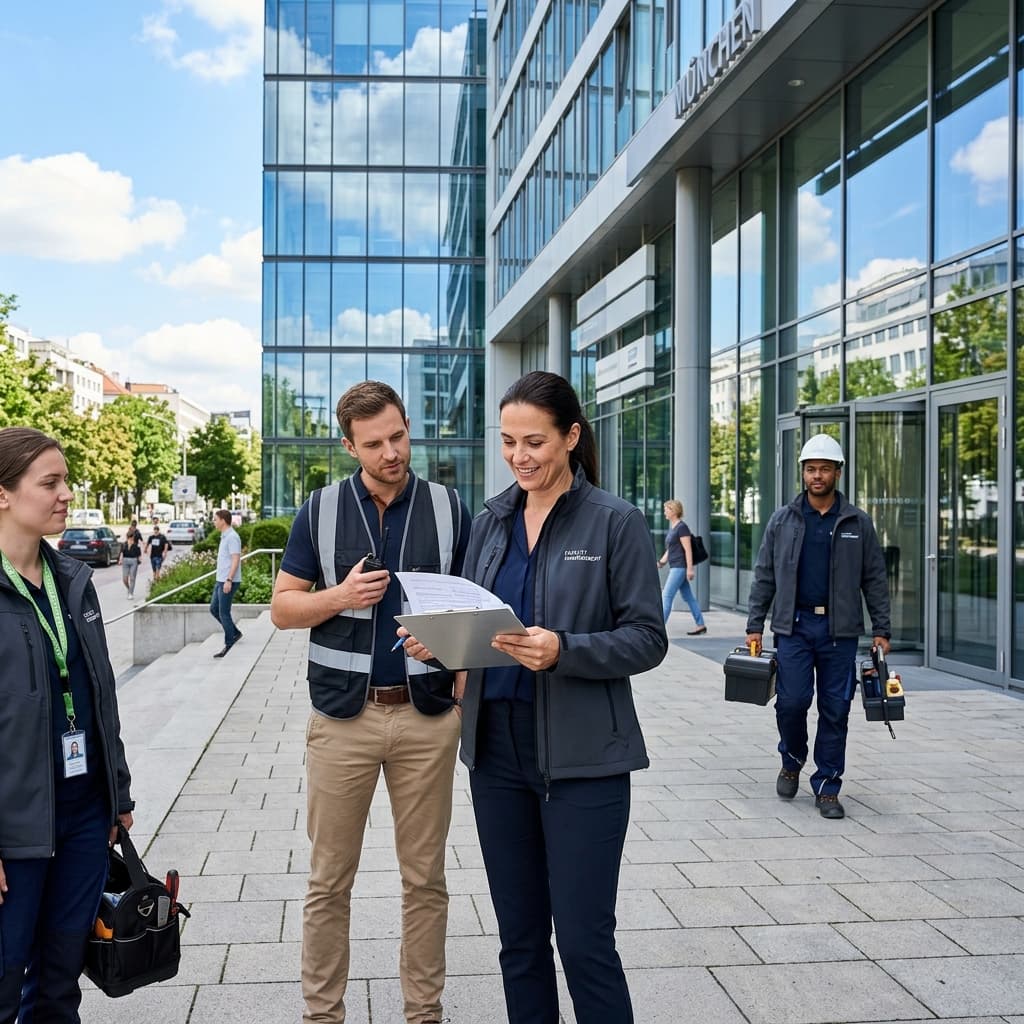 Facility Management Team München vor Bürogebäude